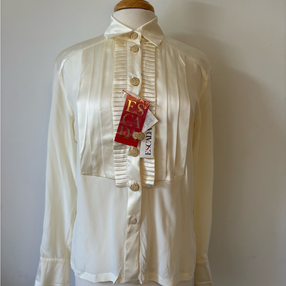 Vintage Escada Ivory Pleated Blouse with Gold Sparkling Accent Buttons